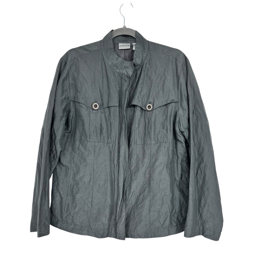 Chico’s Size 2 (Reg 12) Gray Lightweight Full Zip Polyester/Silk/Metallic Jacket